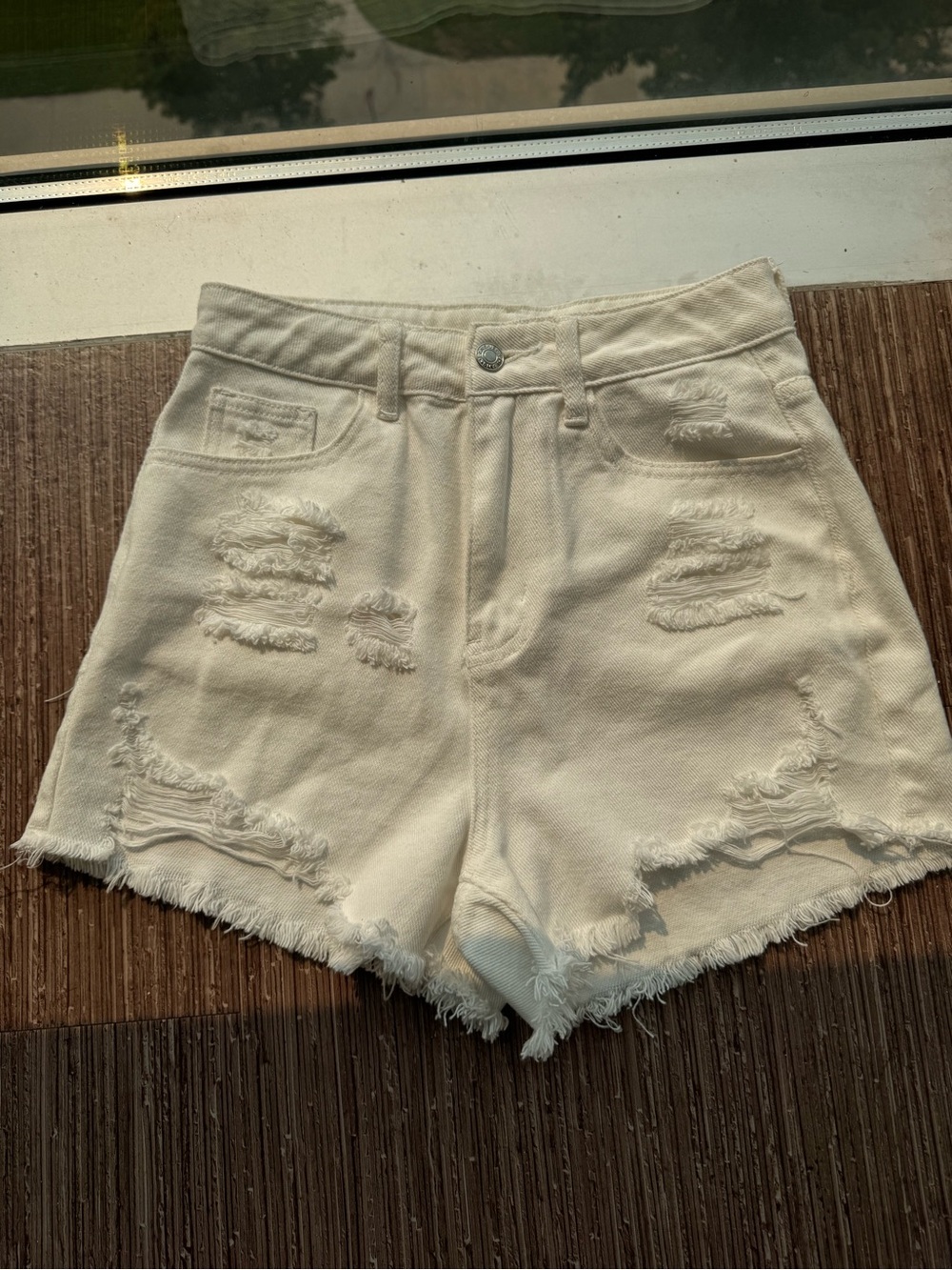 SHEIN Distressed Off-White High-Rise Jean Shorts